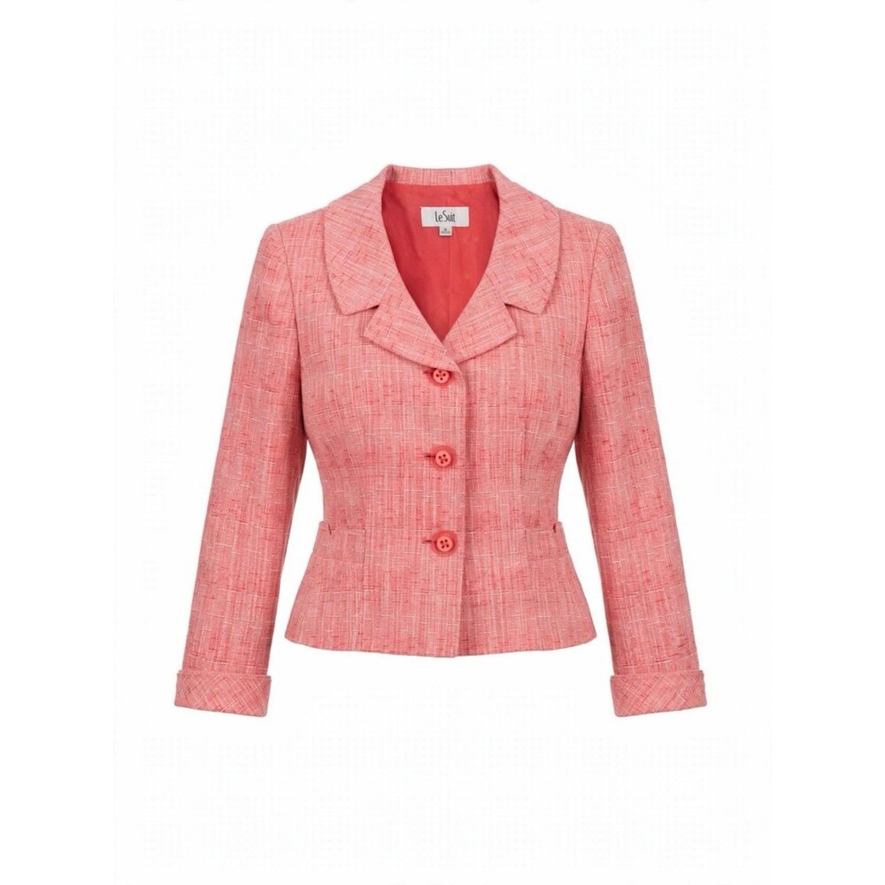 Le Suit 12 Coral Pink Tweed Blazer Cropped 3 Button Workwear Linen Blend Formal